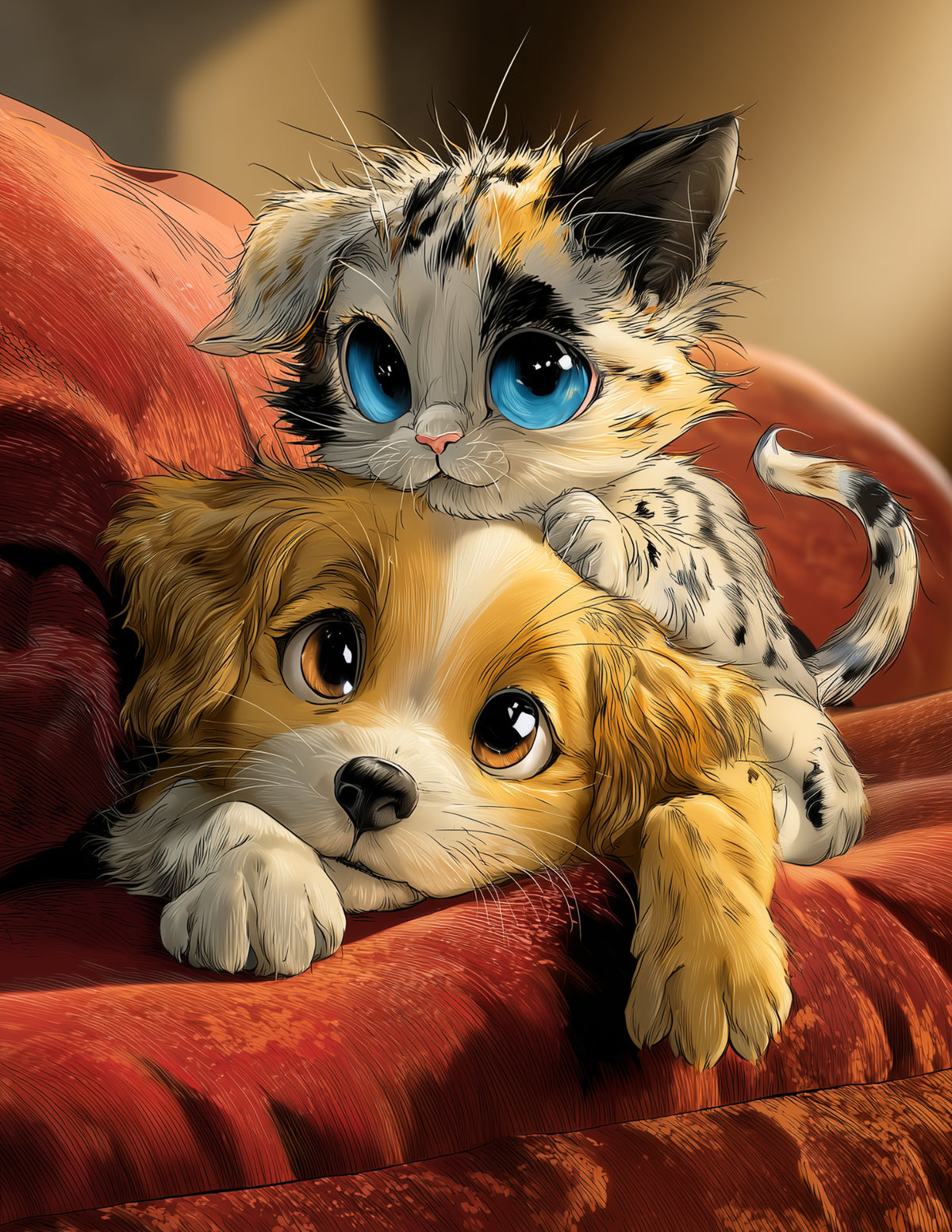Cat & Dog — Cute Cartoon Serene Palette Duo Wall Art, 3 Sizes Included, Living Room Decor