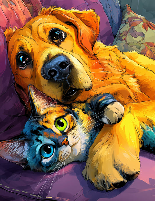 Cat & Dog — Cute Cartoon Sunset Palette Duo Wall Art, 3 Sizes Included, Living Room Decor