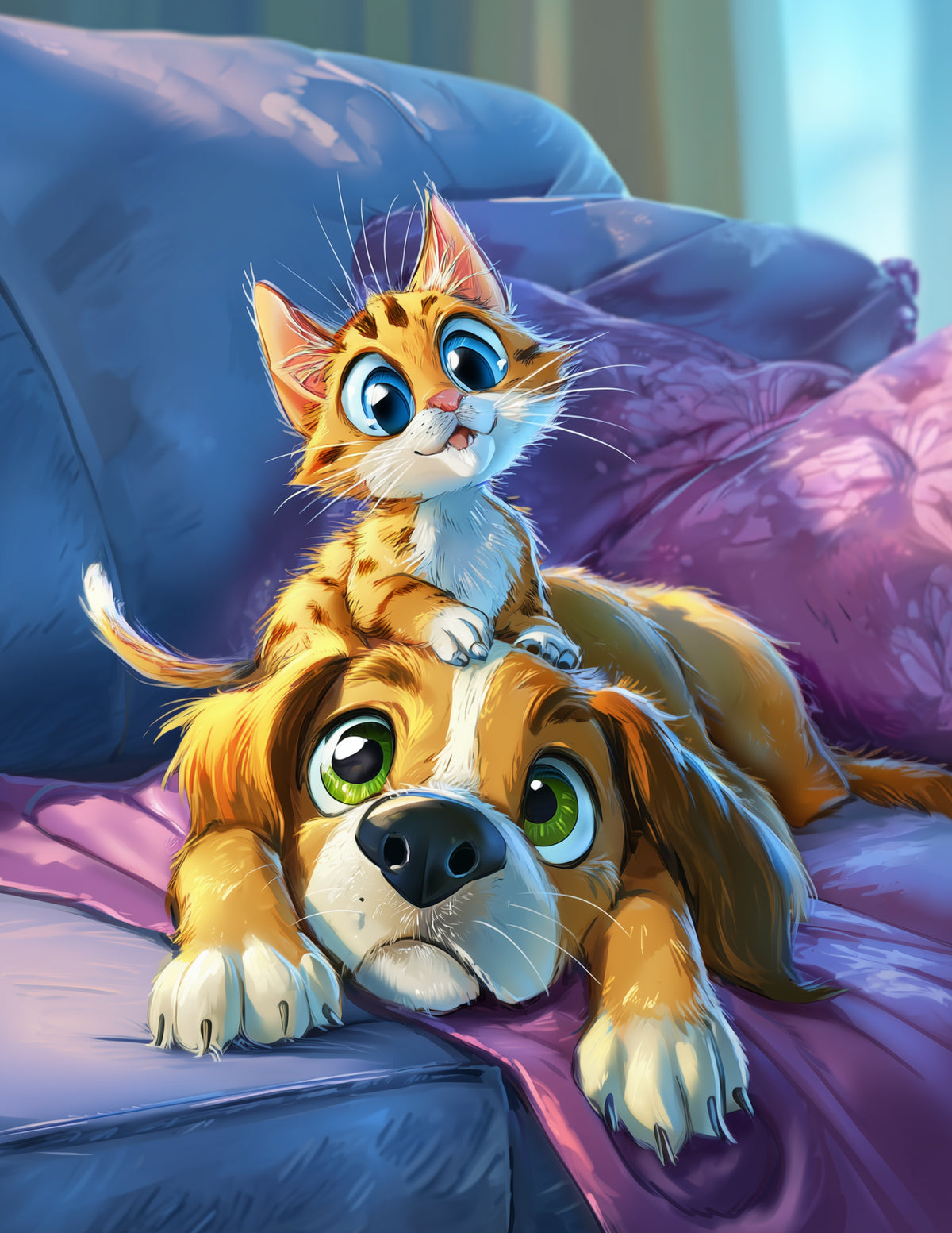 Cat & Dog — Cute Cartoon Teal Hues Duo Wall Art, 3 Sizes Included, Living Room Decor