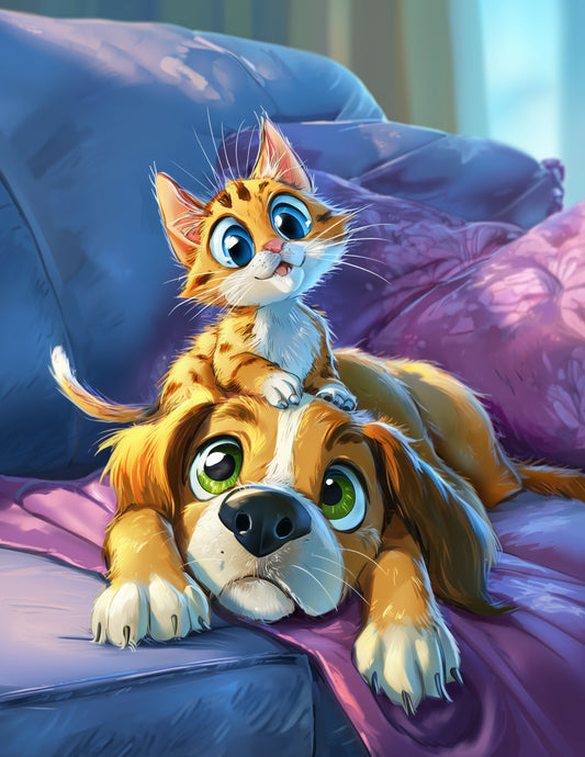 Cat & Dog — Cute Cartoon Teal Hues Duo Wall Art, 3 Sizes Included, Living Room Decor
