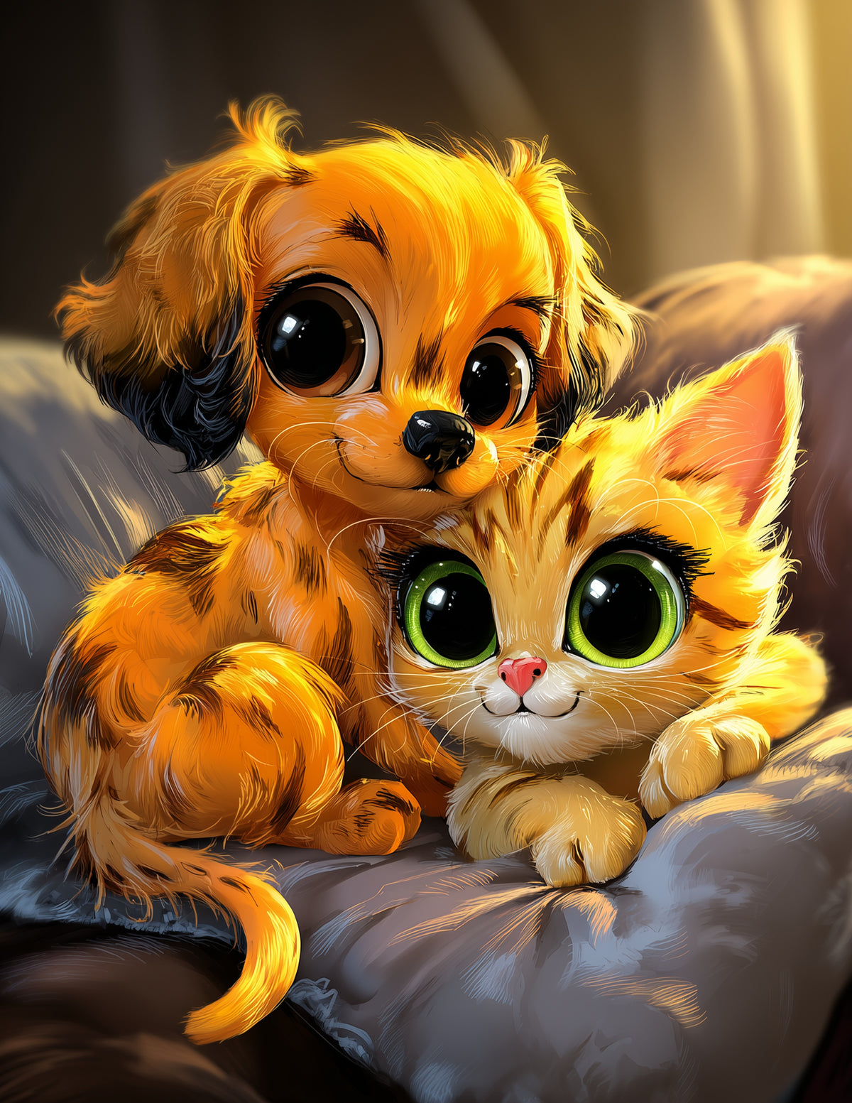 Cat & Dog — Cute Cartoon Vibrant Palette Duo Wall Art, 3 Sizes Included, Living Room Decor