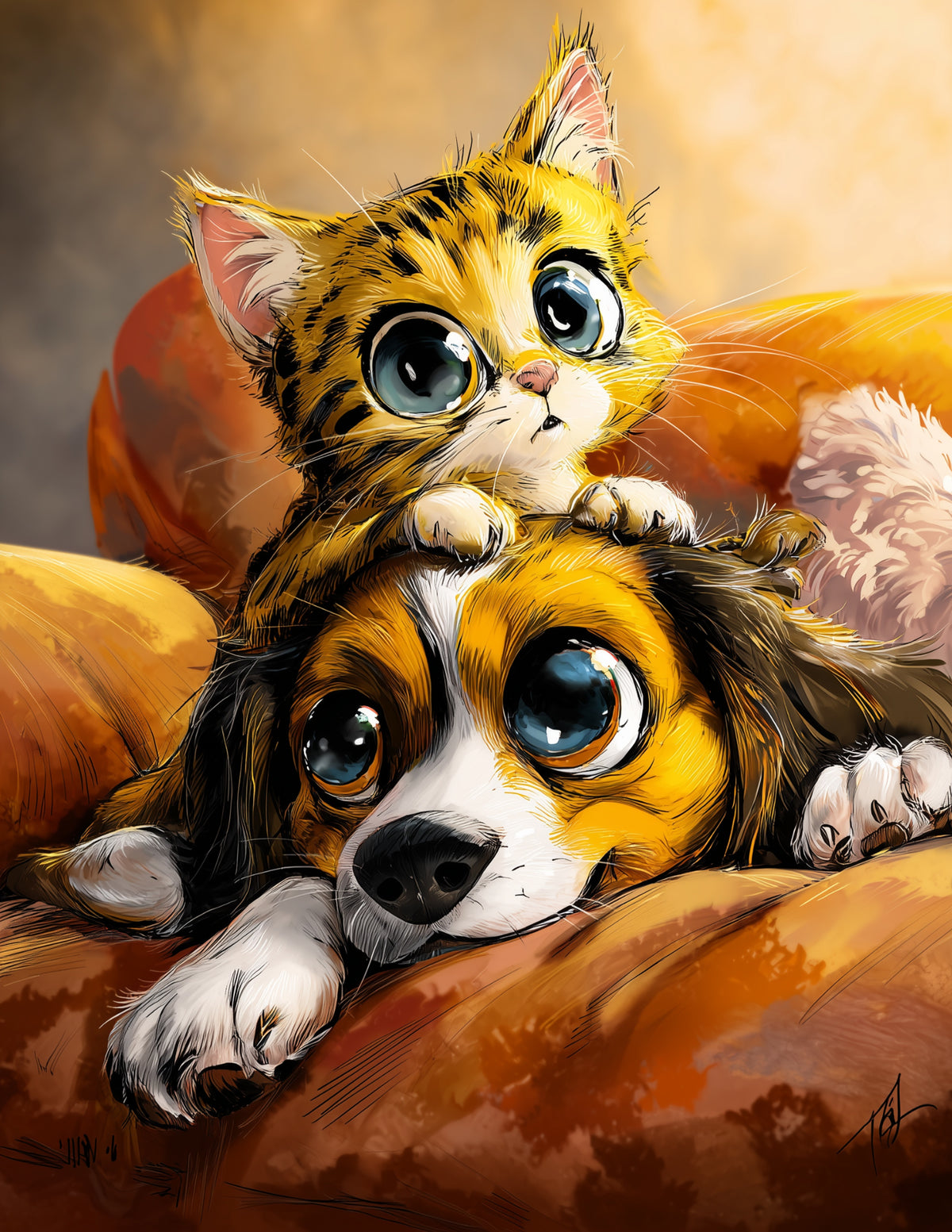 Cat & Dog — Cute Cartoon Warm Tones Duo Wall Art, 3 Sizes Included, Living Room Decor