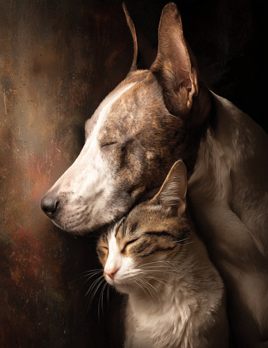Cat & Dog — Realistic Bold Contrast Duo Wall Art, 3 Sizes Included, Living Room Decor