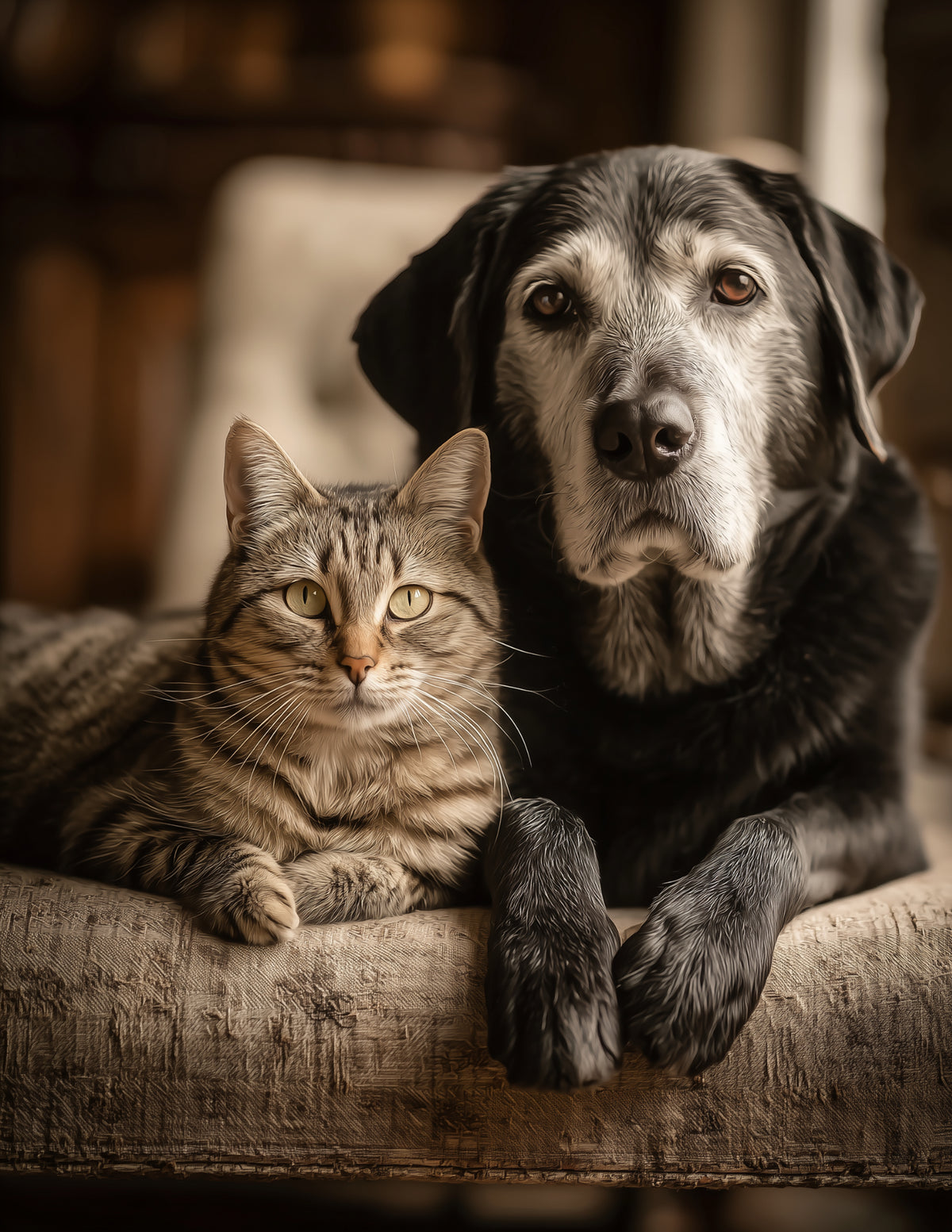 Cat & Dog — Realistic Calm Hues Duo Wall Art, 3 Sizes Included, Living Room Decor