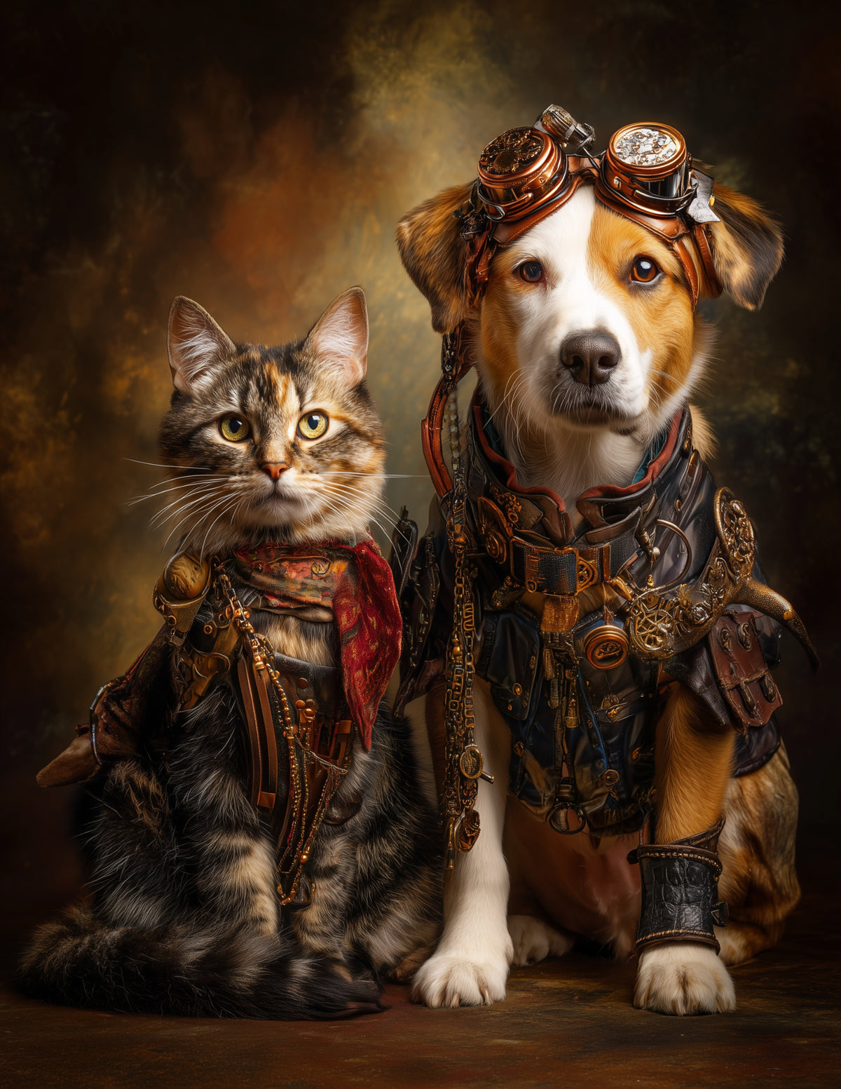 Cat & Dog — Steampunk Amber Tones Duo Wall Art, 3 Sizes Included, Living Room Decor