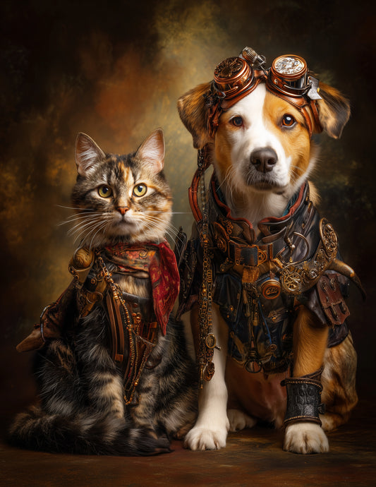 Cat & Dog — Steampunk Amber Tones Duo Wall Art, 3 Sizes Included, Living Room Decor