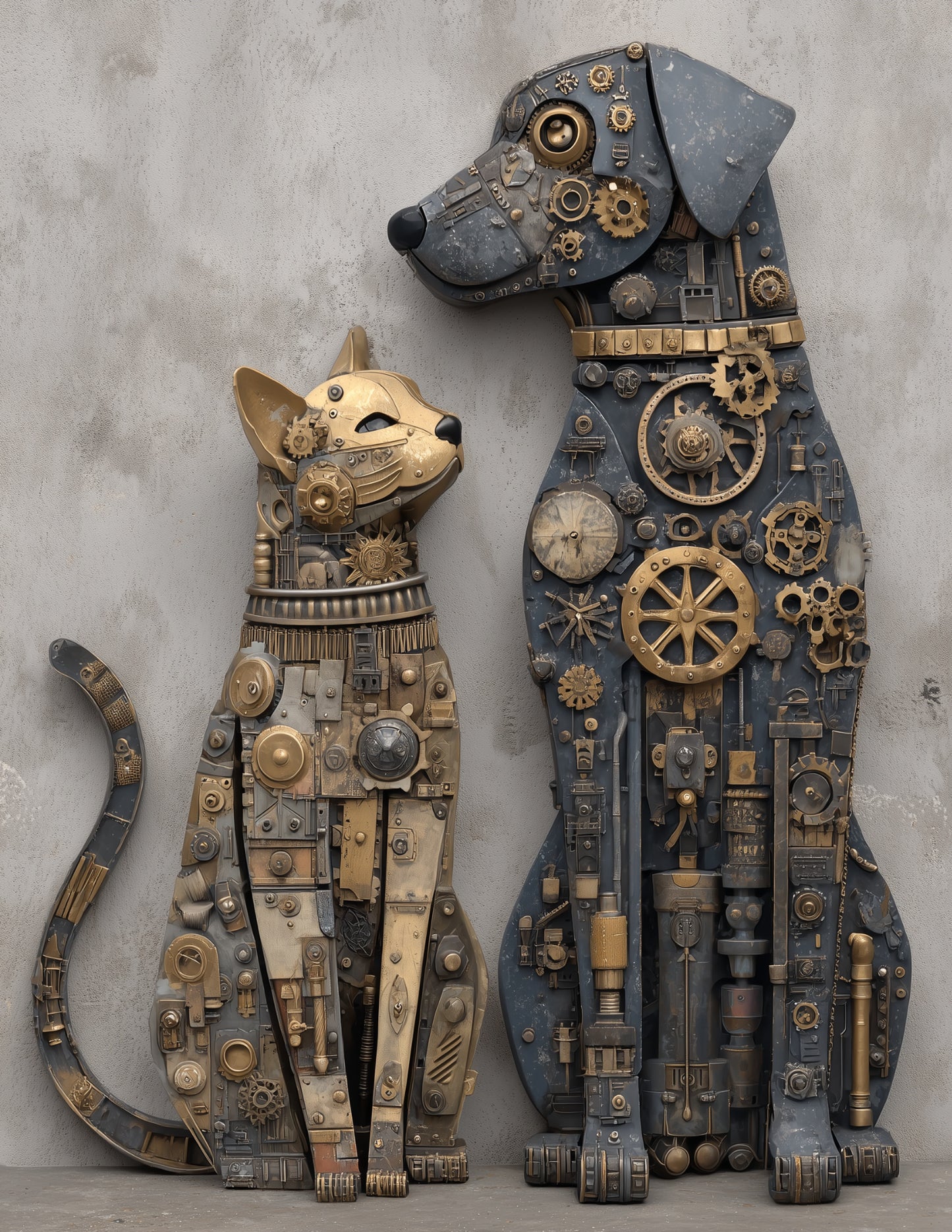 Cat & Dog — Steampunk Bold Contrast Duo Wall Art, 3 Sizes Included, Living Room Decor