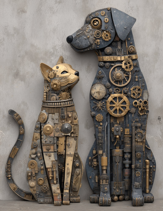 Cat & Dog — Steampunk Bold Contrast Duo Wall Art, 3 Sizes Included, Living Room Decor