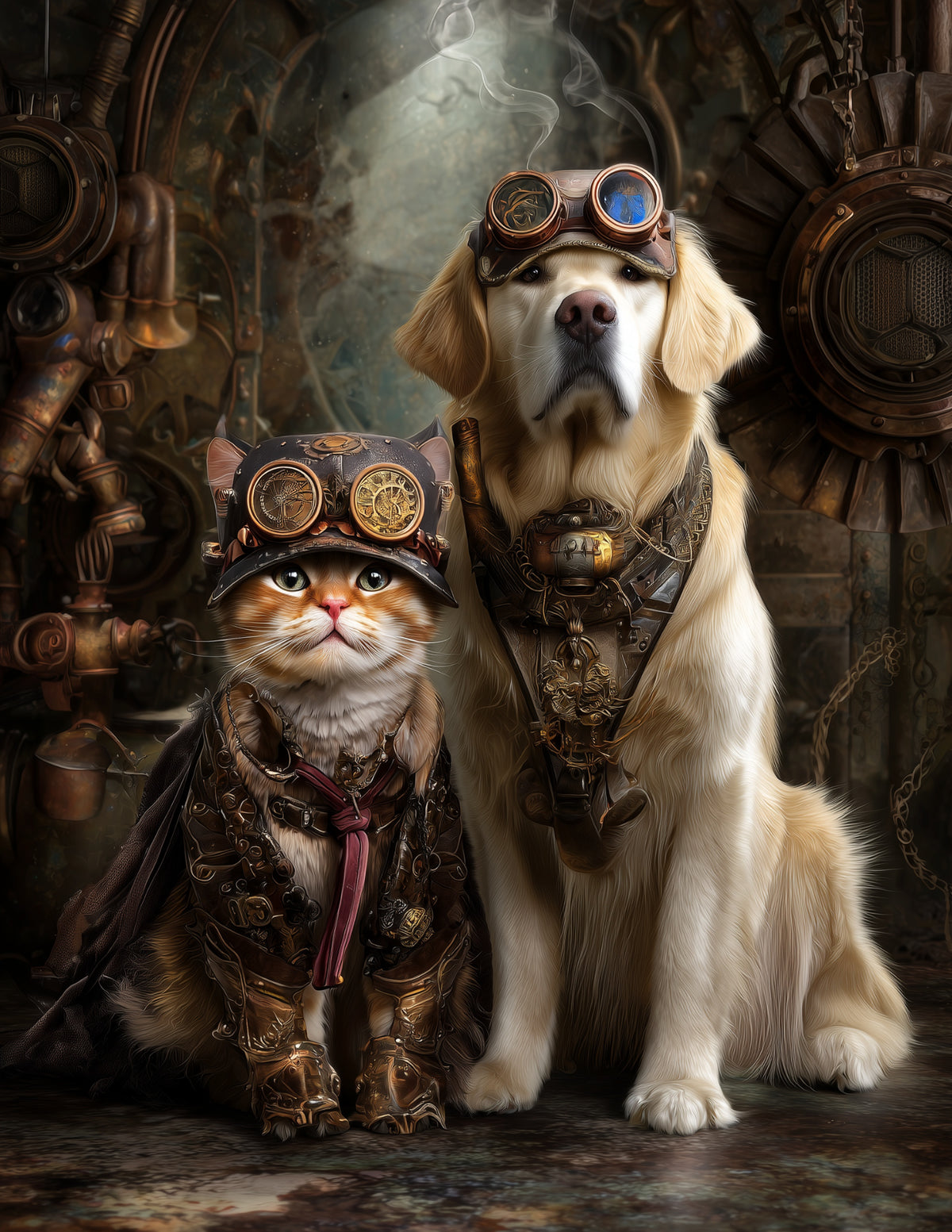 Cat & Dog — Steampunk Dark Contrast Duo Wall Art, 3 Sizes Included, Living Room Decor