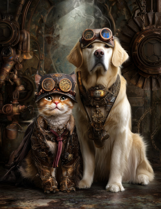 Cat & Dog — Steampunk Dark Contrast Duo Wall Art, 3 Sizes Included, Living Room Decor