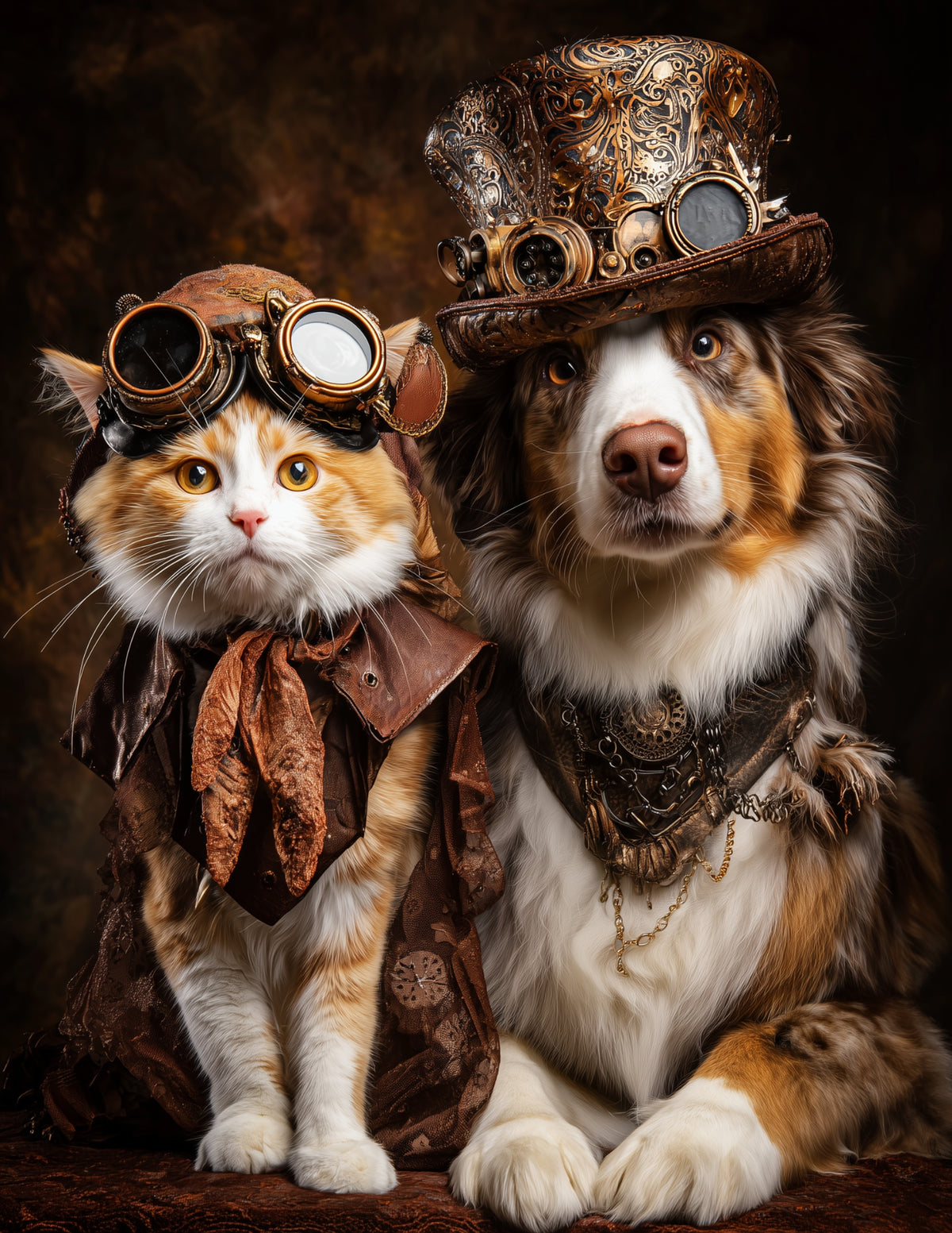 Cat & Dog — Steampunk Golden Palette Duo Wall Art, 3 Sizes Included, Living Room Decor