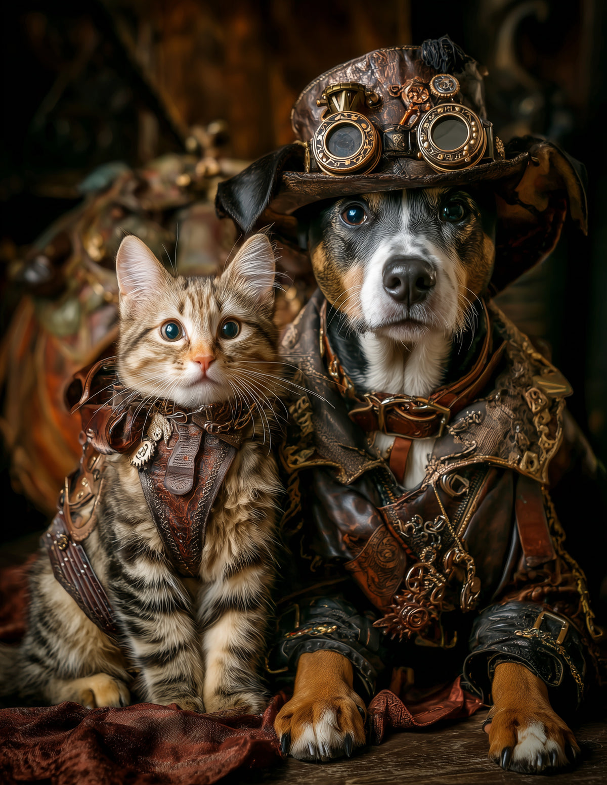 Cat & Dog — Steampunk Industrial Tones Duo Wall Art, 3 Sizes Included, Living Room Decor
