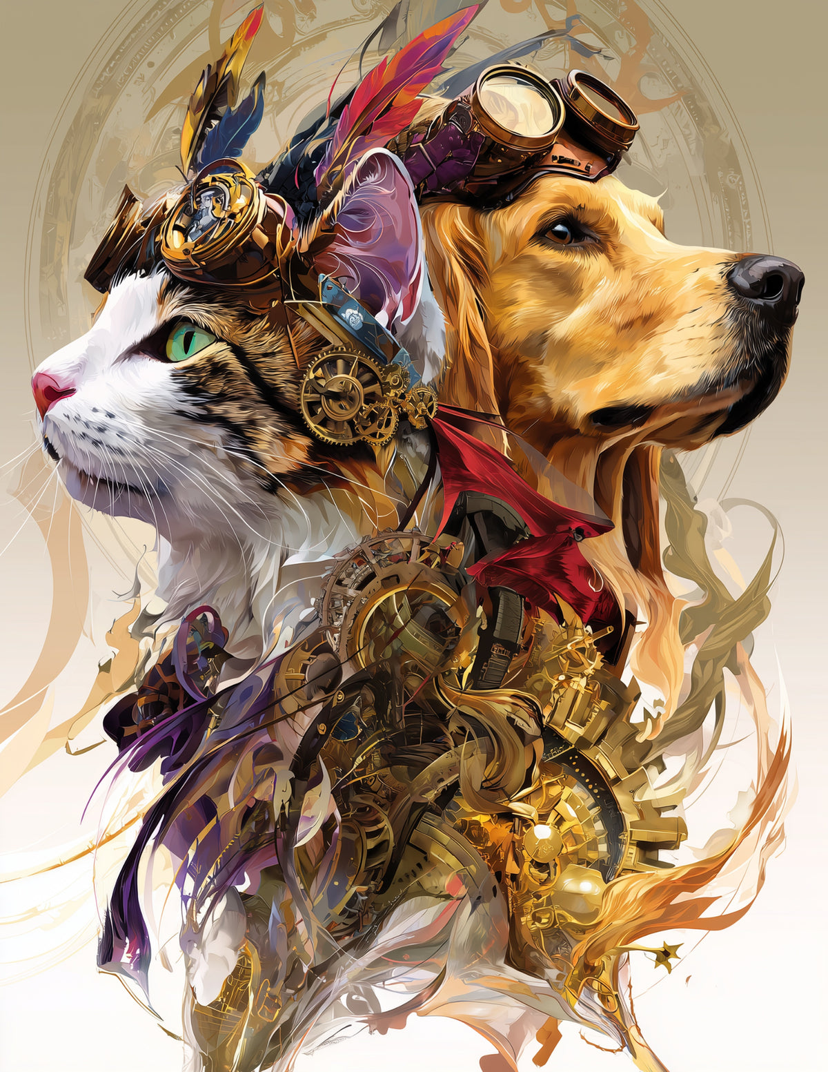 Cat & Dog — Steampunk Muted Hues Duo Wall Art, 3 Sizes Included, Living Room Decor