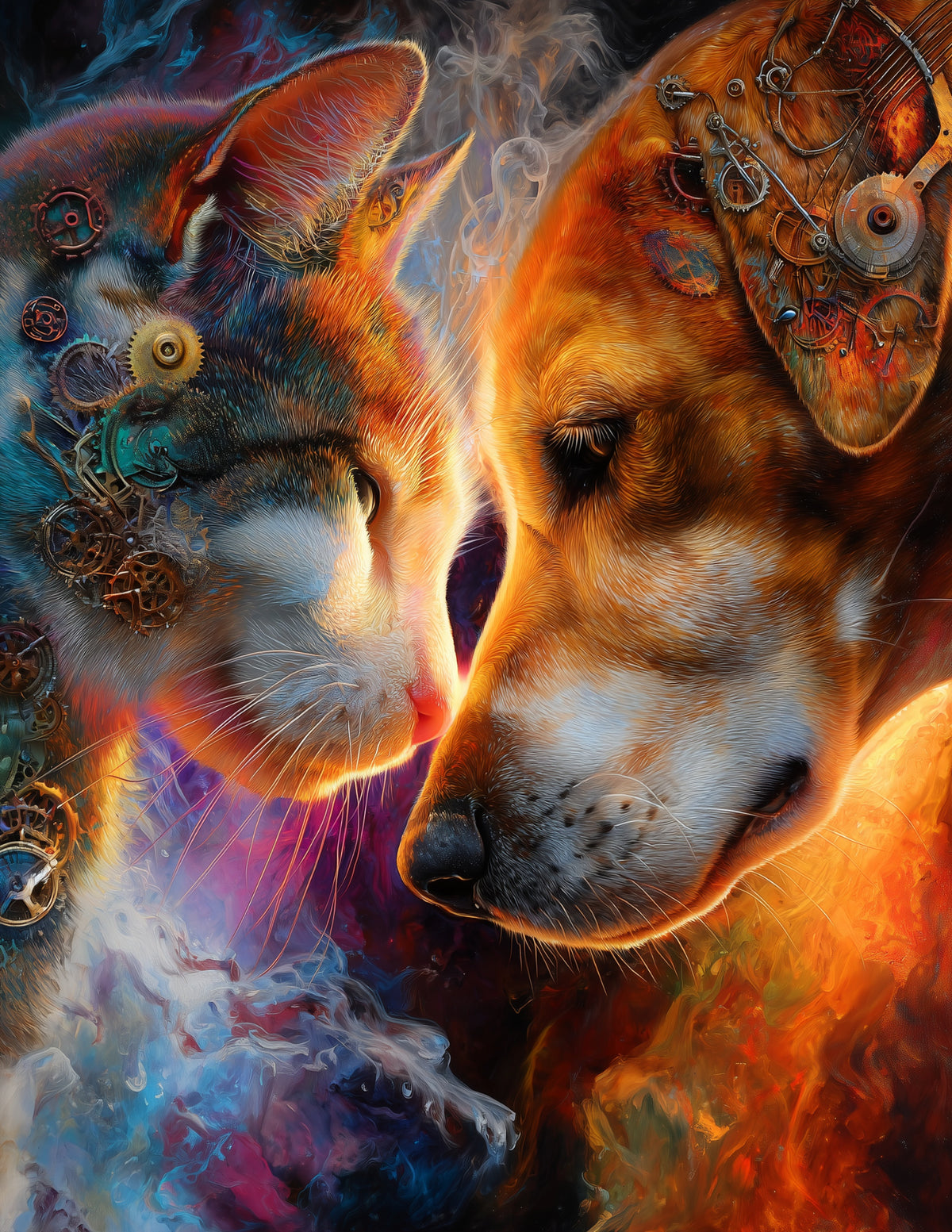 Cat & Dog — Steampunk Rustic Palette Duo Wall Art, 3 Sizes Included, Living Room Decor