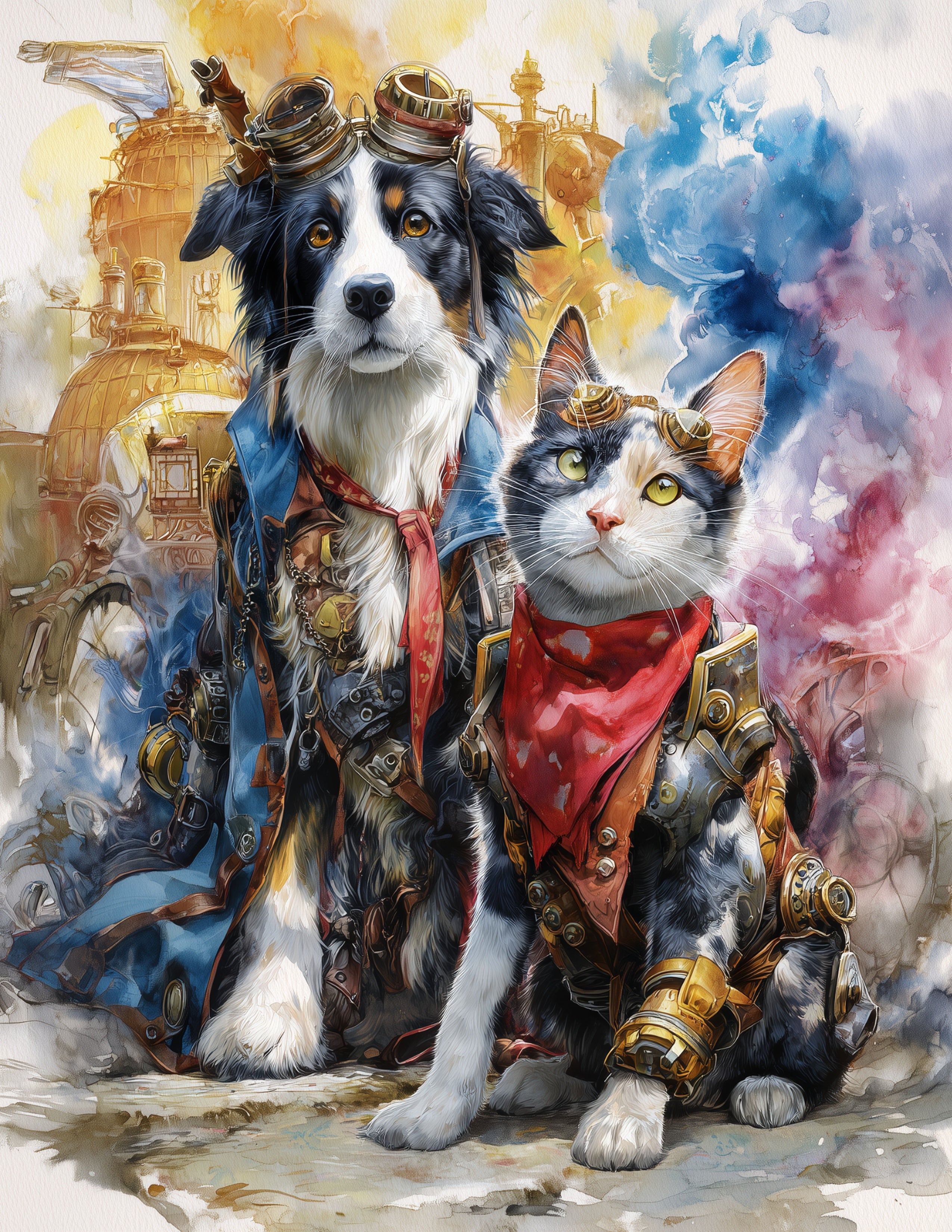 Cat & Dog — Steampunk Vintage Contrast Duo Wall Art, 3 Sizes Included, Living Room Decor