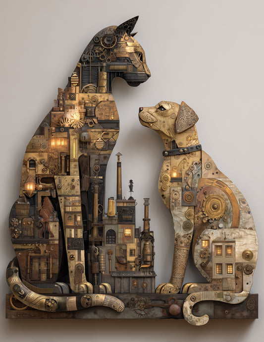 Cat & Dog — Steampunk Warm Palette Duo Wall Art, 3 Sizes Included, Living Room Decor