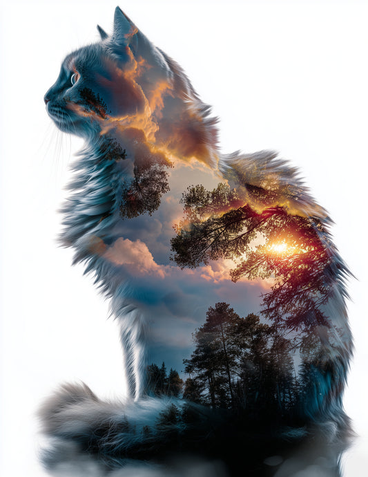 Cat — Double Exposure Art, Forest Sunrise Digital Wall Art, 3 Sizes Included, Living Room Decor