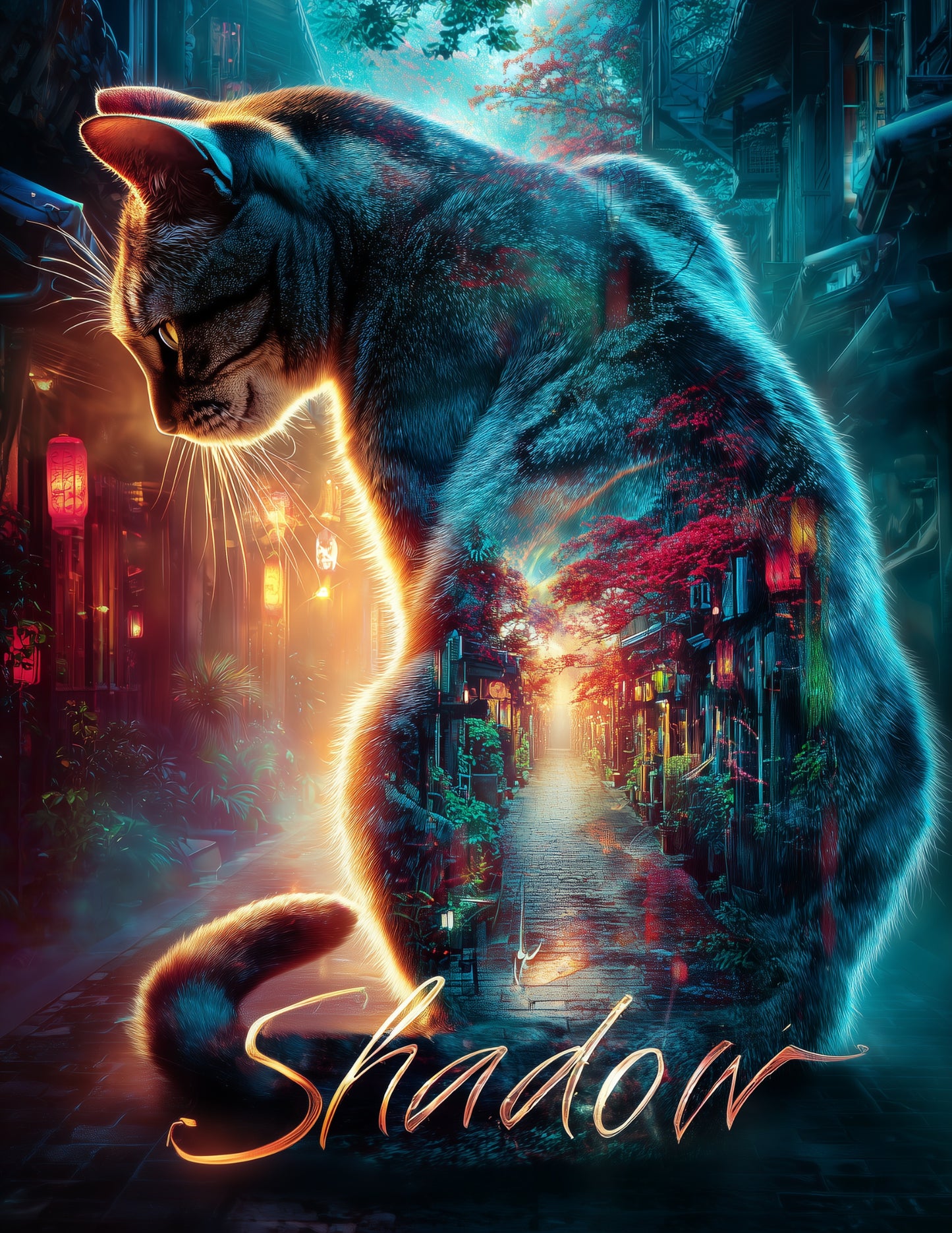 Cat — Double Exposure Personalized Art, Teal Sunset Digital Wall Art, 3 Sizes Included, Living Room Decor