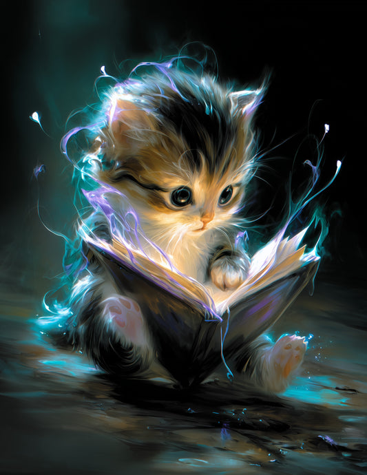 Cat — Fantasy Reading Art, Dreamy Palette Digital Wall Art, 3 Sizes Included, Nursery Room Decor