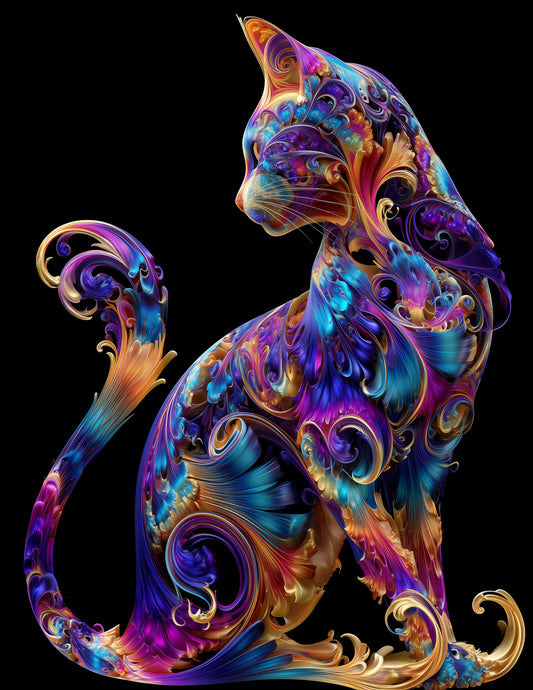 Cat — Fractal Filigree Art, Radiant Hues Digital Wall Art, 3 Sizes Included, Living Room Decor