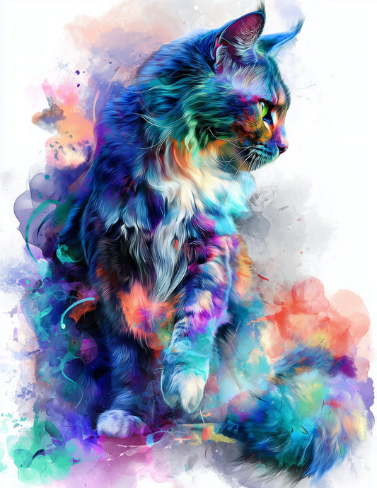 Cat — Watercolor Art, Cosmic Bloom Digital Wall Art, 3 Sizes Included, Living Room Decor