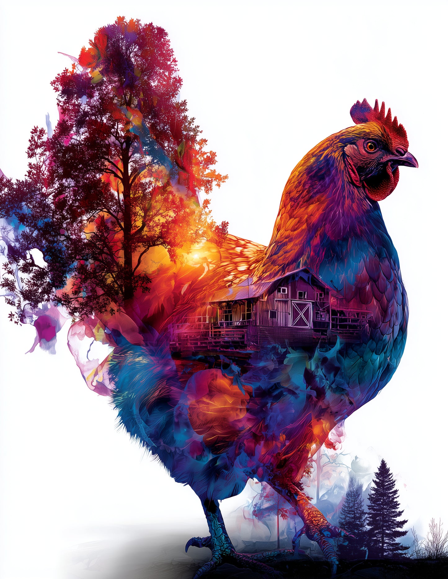 Chicken — Double Exposure Art, Forest Palette Digital Wall Art, 3 Sizes Included, Living Room Decor