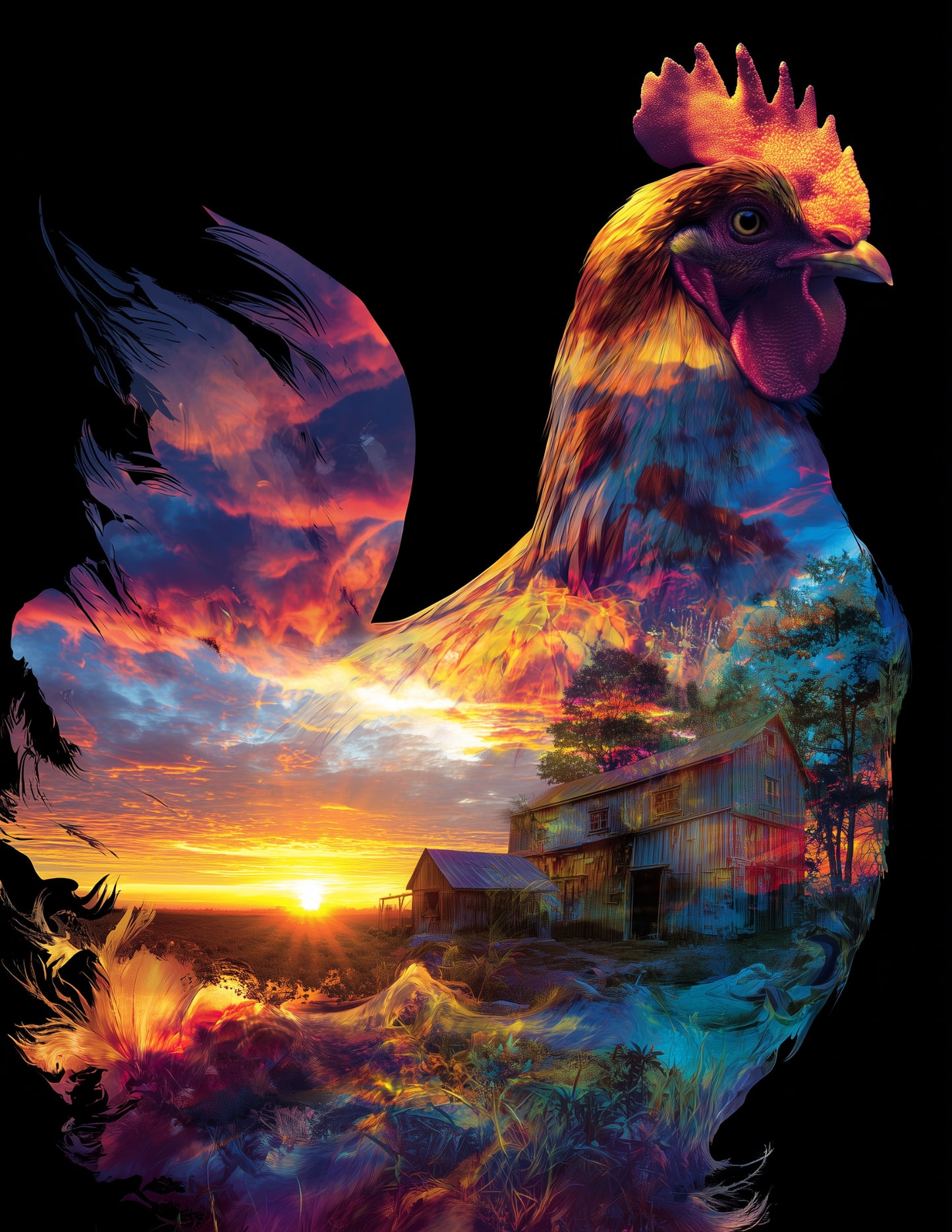 Chicken — Double Exposure Art, Midnight Tones Digital Wall Art, 3 Sizes Included, Living Room Decor