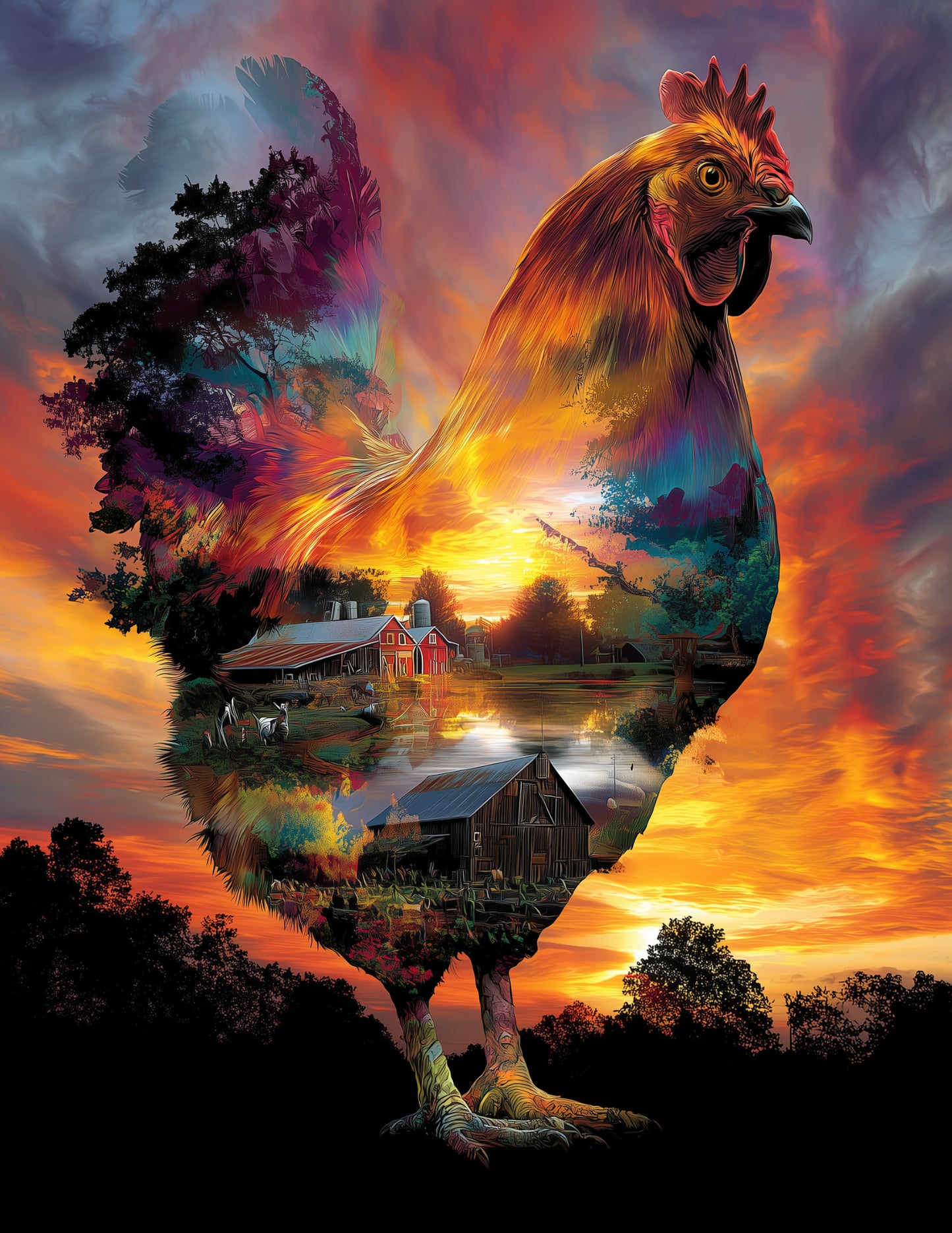 Chicken — Double Exposure Art, Serene Tones Digital Wall Art, 3 Sizes Included, Living Room Decor