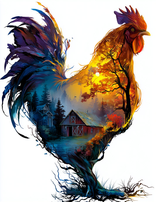 Chicken — Double Exposure Art, Teal Contrast Digital Wall Art, 3 Sizes Included, Living Room Decor