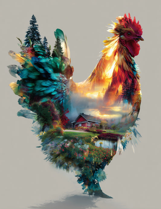 Chicken — Double Exposure Art, Warm Hues Digital Wall Art, 3 Sizes Included, Living Room Decor