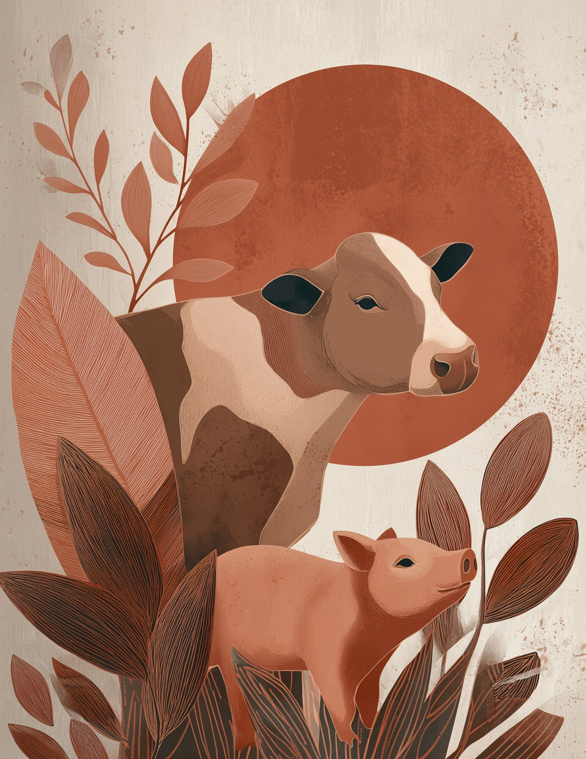 Cow & Pig — Boho Balanced Tones Duo Wall Art, 3 Sizes Included, Living Room Decor