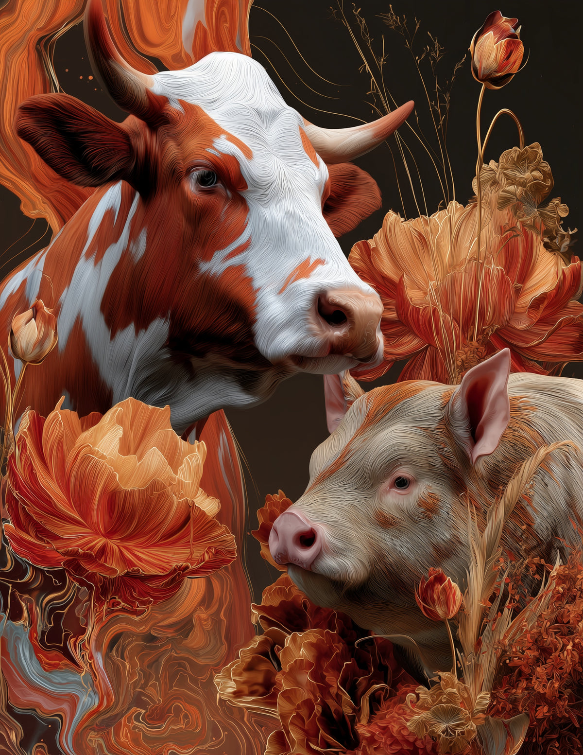Cow & Pig — Boho Calm Palette Duo Wall Art, 3 Sizes Included, Living Room Decor