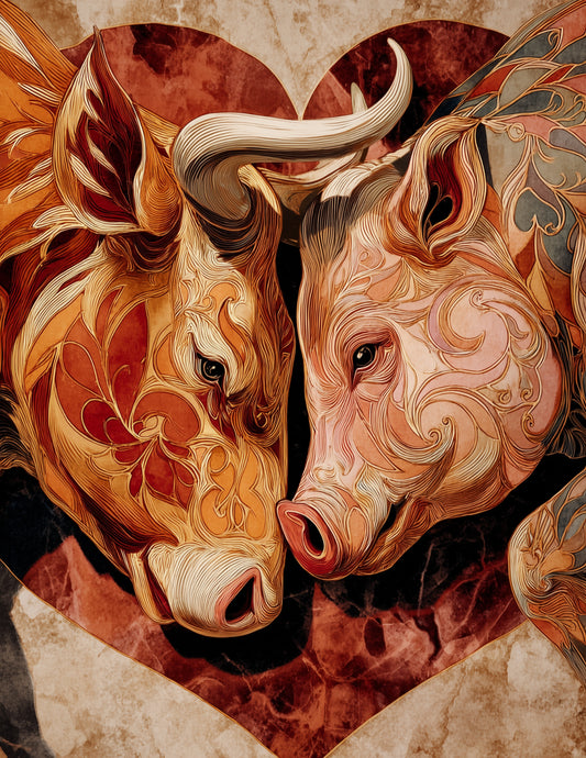 Cow & Pig — Boho Earthy Palette Duo Wall Art, 3 Sizes Included, Living Room Decor