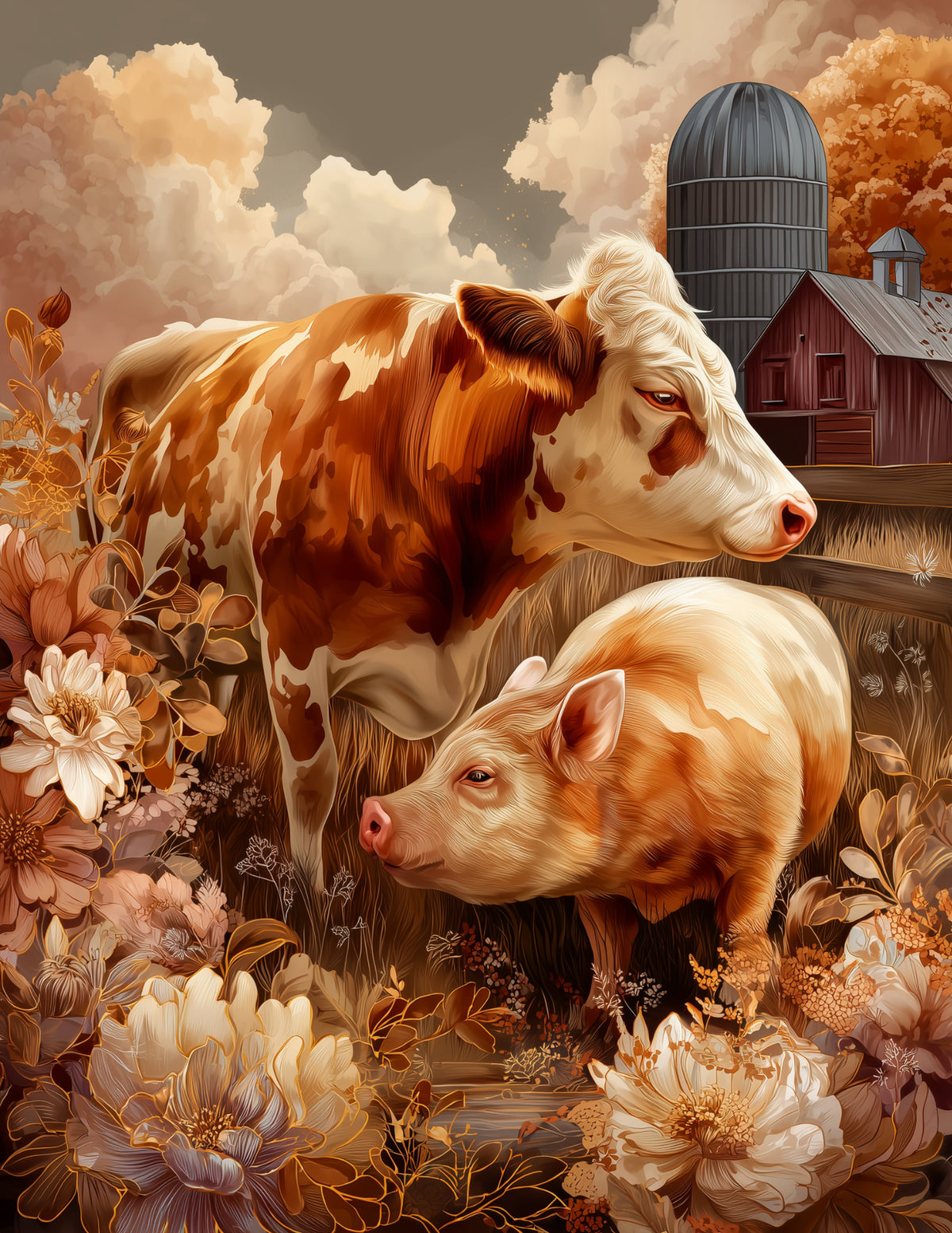 Cow & Pig — Boho Earthy Tones Duo Wall Art, 3 Sizes Included, Living Room Decor