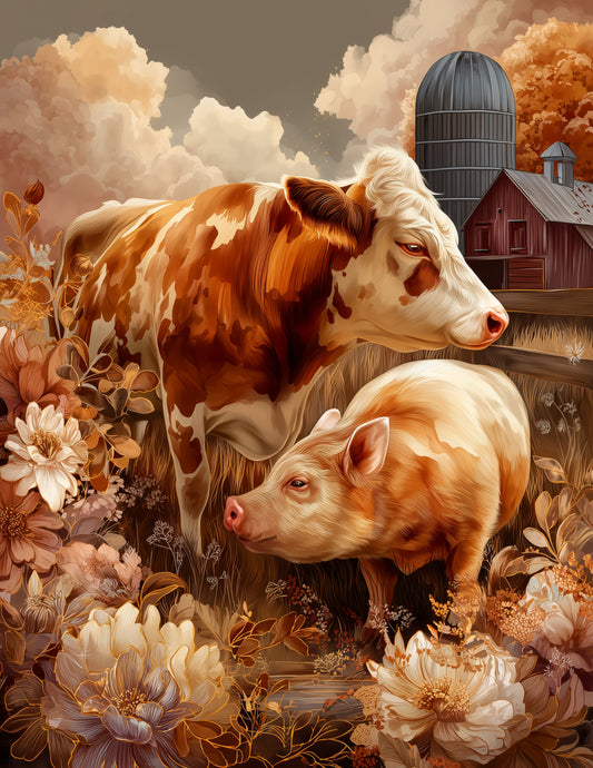 Cow & Pig — Boho Earthy Tones Duo Wall Art, 3 Sizes Included, Living Room Decor