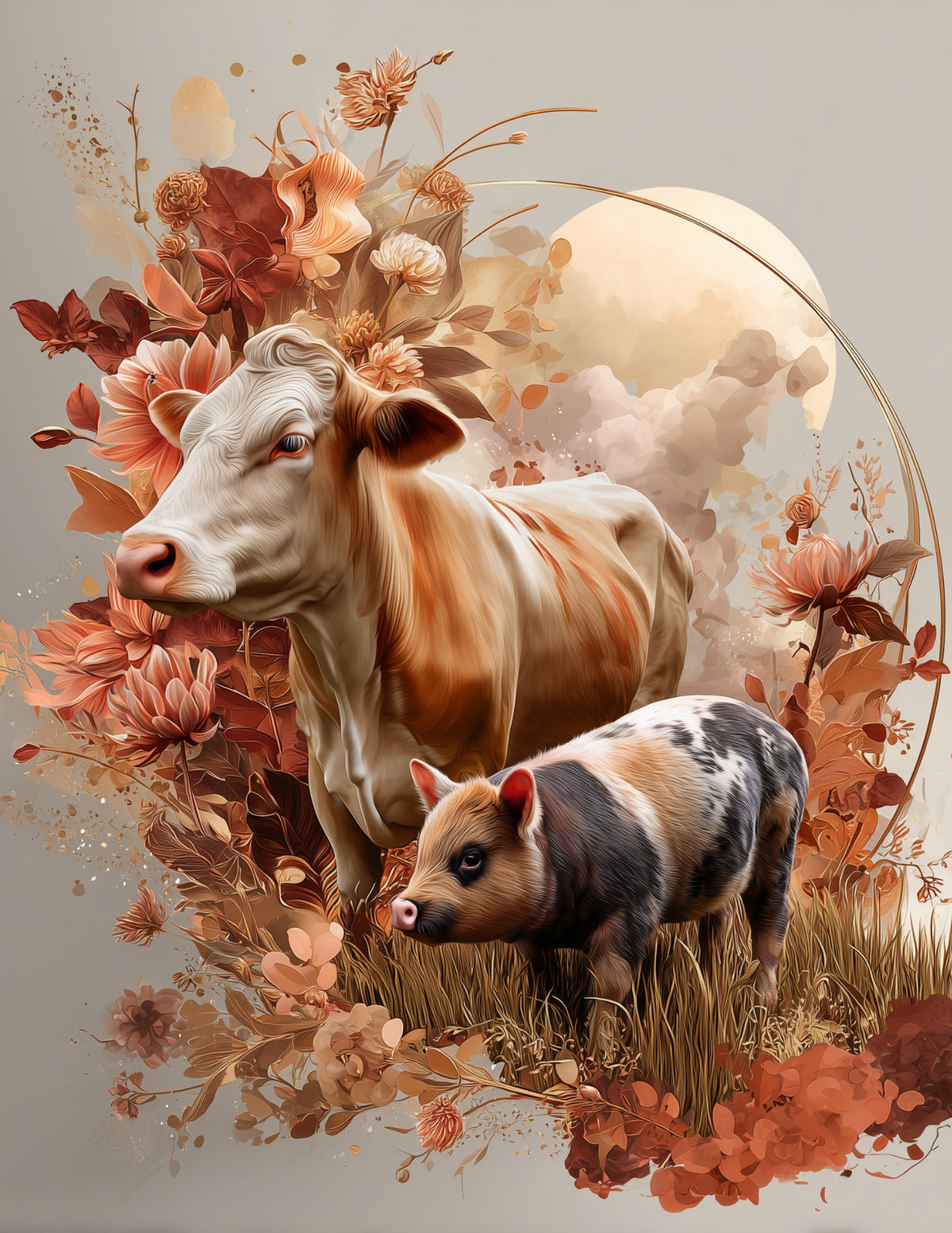 Cow & Pig — Boho Muted Hues Duo Wall Art, 3 Sizes Included, Living Room Decor