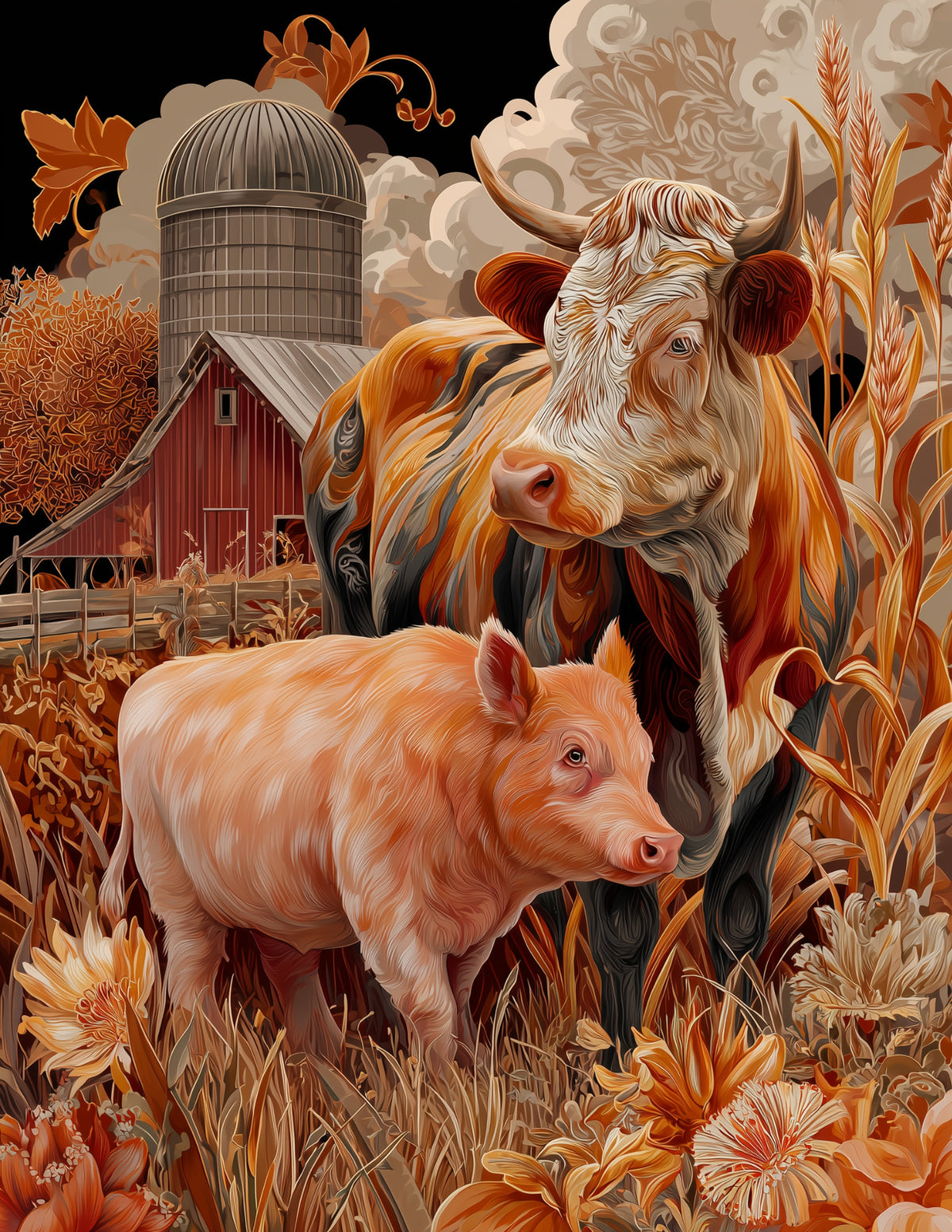 Cow & Pig — Boho Soft Gradients Duo Wall Art, 3 Sizes Included, Living Room Decor