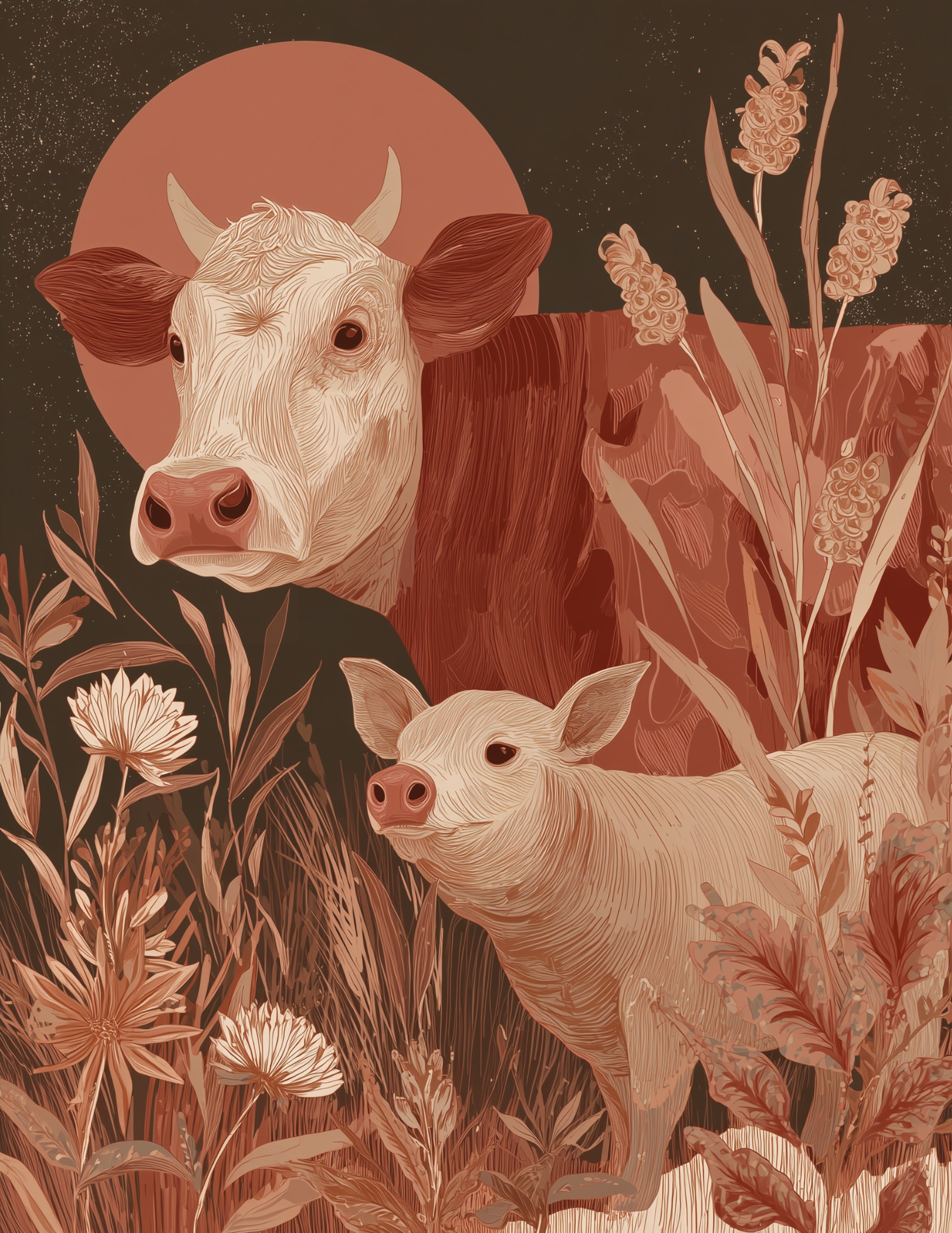 Cow & Pig — Boho Soft Hues Duo Wall Art, 3 Sizes Included, Living Room Decor