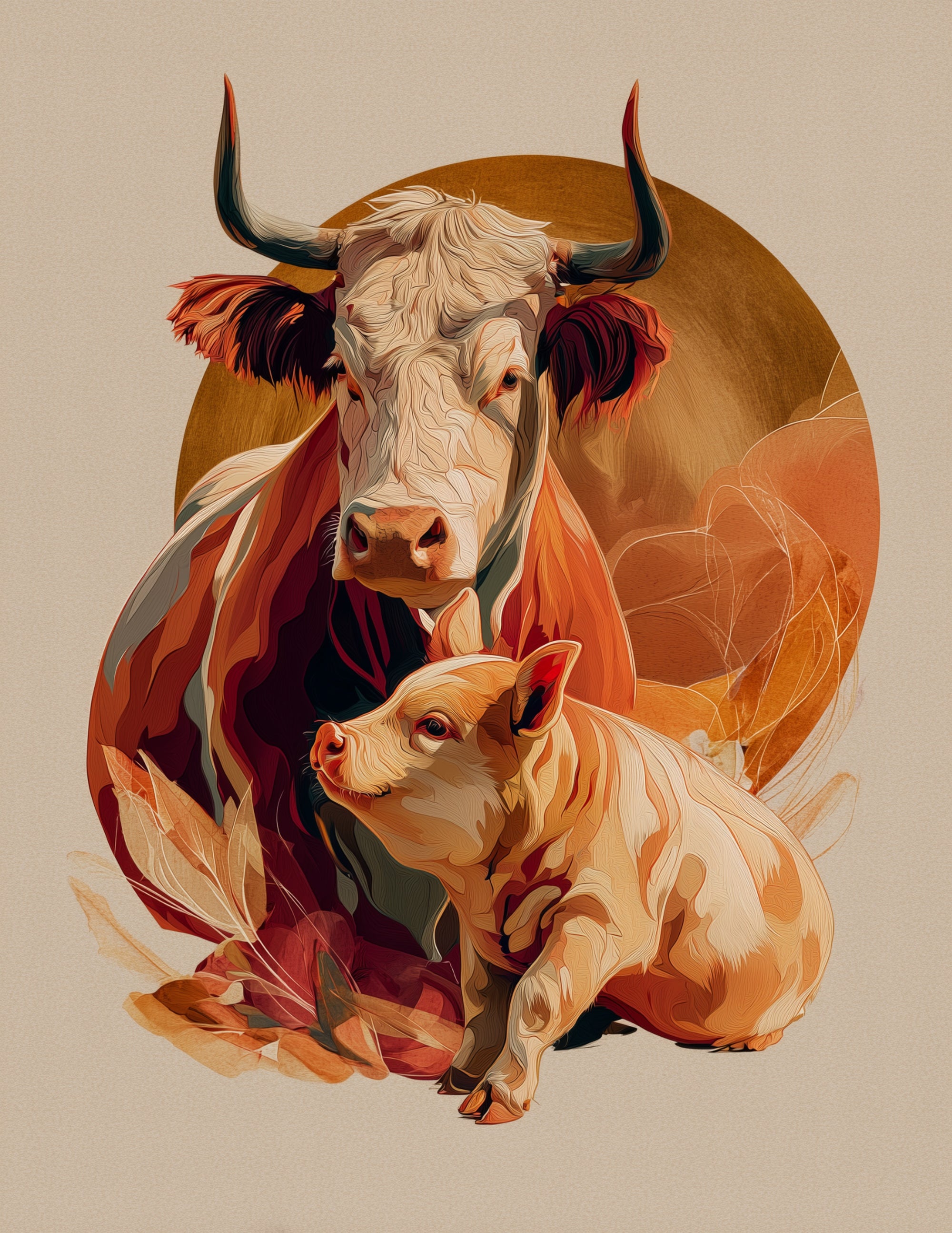 Cow & Pig — Boho Warm Hues Duo Wall Art, 3 Sizes Included, Living Room Decor