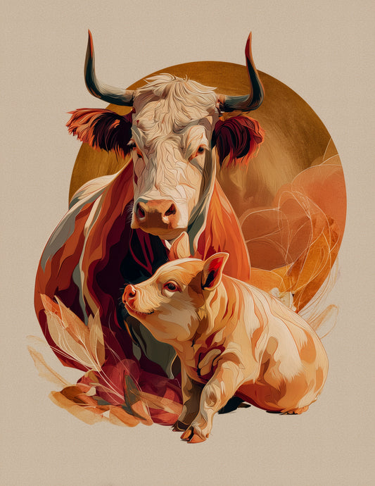 Cow & Pig — Boho Warm Hues Duo Wall Art, 3 Sizes Included, Living Room Decor