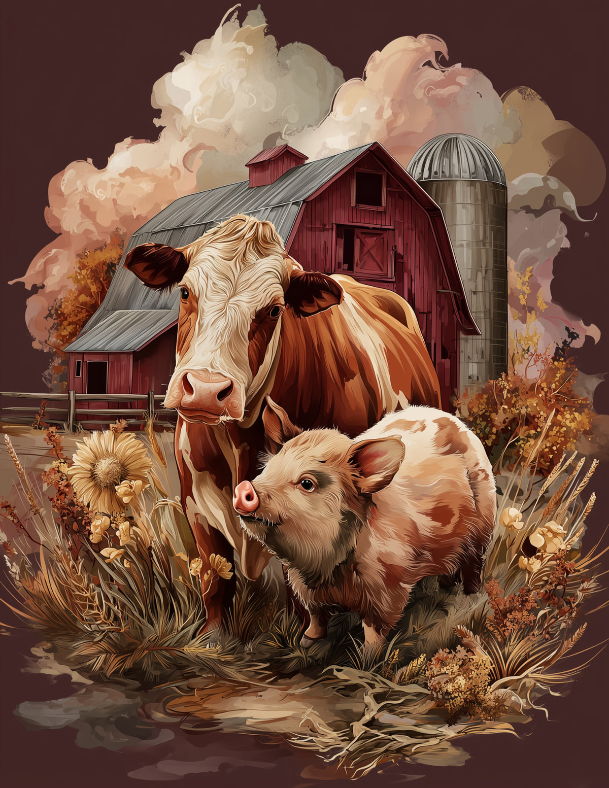 Cow & Pig — Boho Warm Palette Duo Wall Art, 3 Sizes Included, Living Room Decor