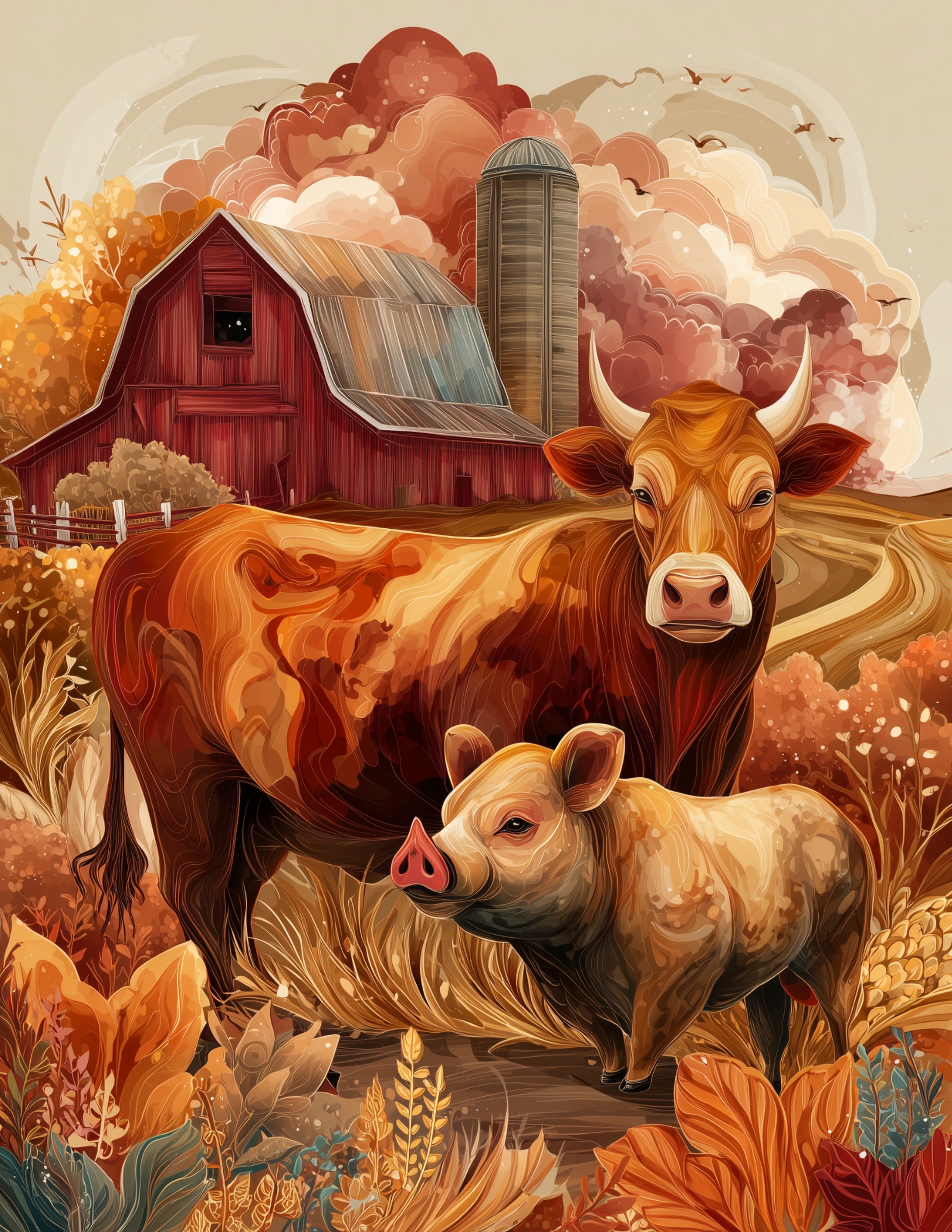 Cow & Pig — Boho Warm Tones Duo Wall Art, 3 Sizes Included, Living Room Decor