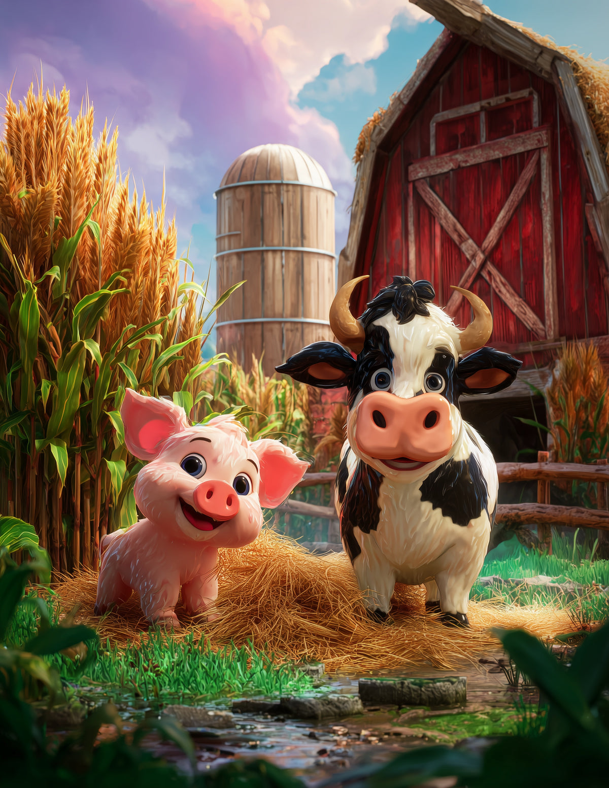 Cow & Pig — Cute Cartoon Bold Contrast Duo Wall Art, 3 Sizes Included, Nursery Room Decor