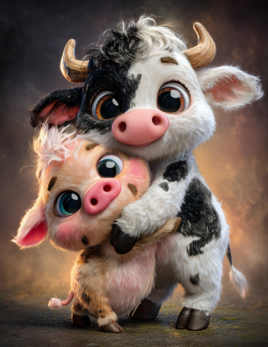 Cow & Pig — Cute Cartoon Coral Tones Duo Wall Art, 3 Sizes Included, Nursery Room Decor