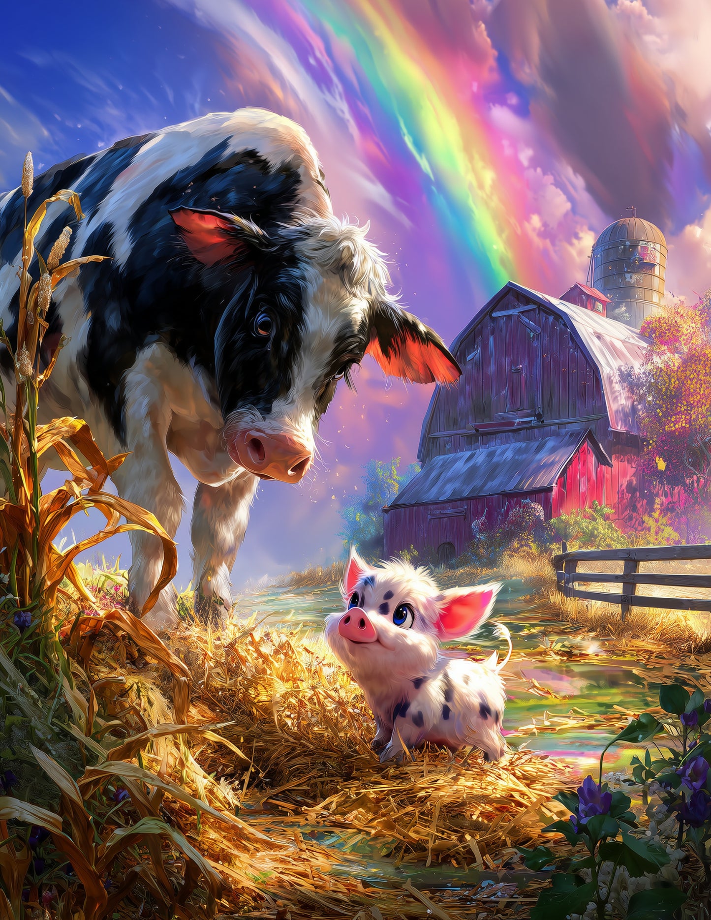 Cow & Pig — Cute Cartoon Dreamy Tones Duo Wall Art, 3 Sizes Included, Nursery Room Decor