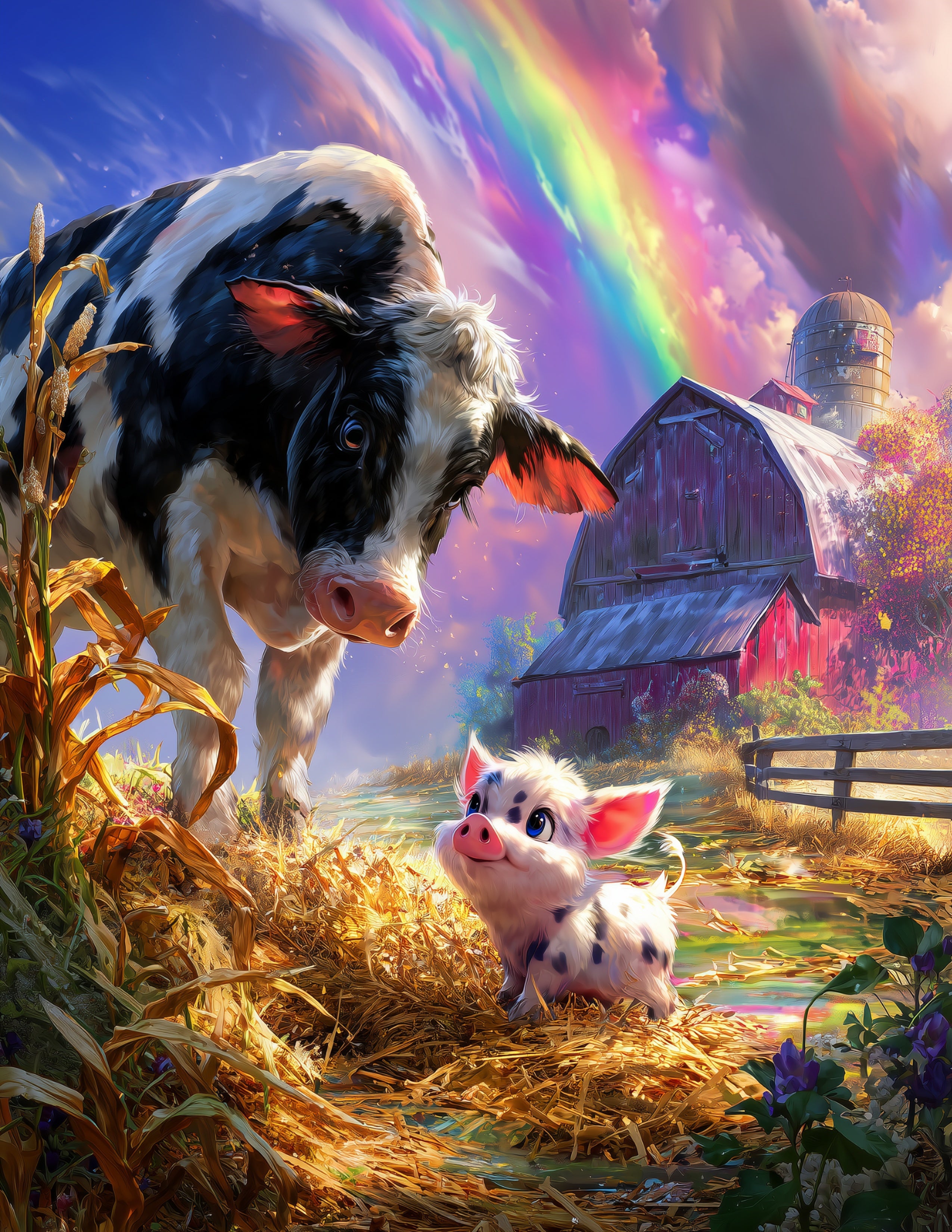 Cow & Pig — Cute Cartoon Dreamy Tones Duo Wall Art, 3 Sizes Included, Nursery Room Decor