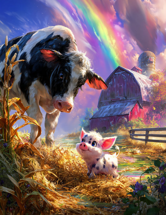 Cow & Pig — Cute Cartoon Dreamy Tones Duo Wall Art, 3 Sizes Included, Nursery Room Decor