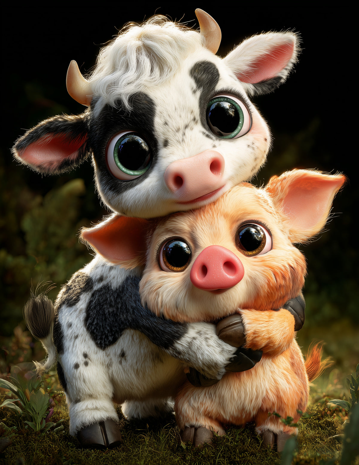 Cow & Pig — Cute Cartoon Emerald Hues Duo Wall Art, 3 Sizes Included, Nursery Room Decor