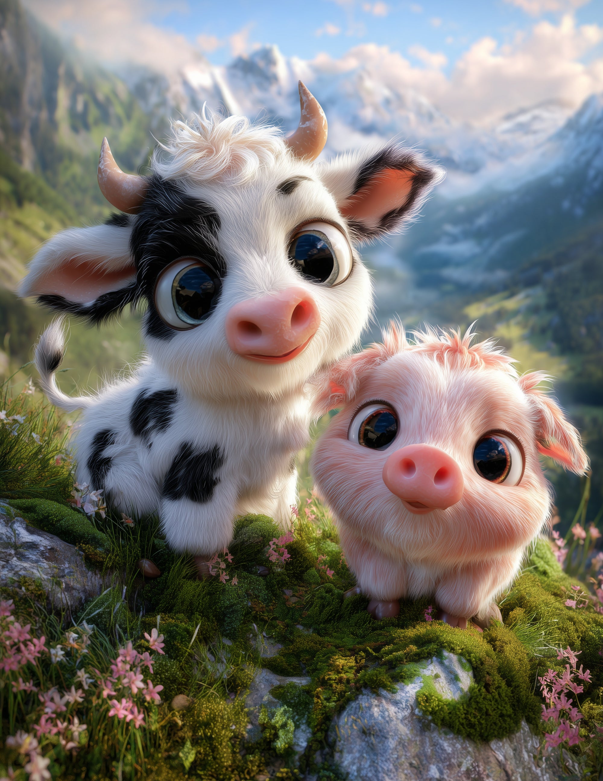 Cow & Pig — Cute Cartoon Midnight Palette Duo Wall Art, 3 Sizes Included, Nursery Room Decor