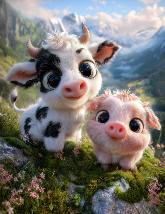 Cow & Pig — Cute Cartoon Midnight Palette Duo Wall Art, 3 Sizes Included, Nursery Room Decor